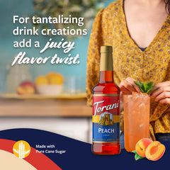 Torani Peach Syrup being added to iced tea for brightness.
