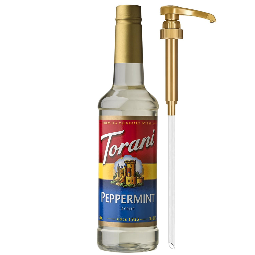 Torani peppermint syrup bottle with pump for easy flavoring in beverages