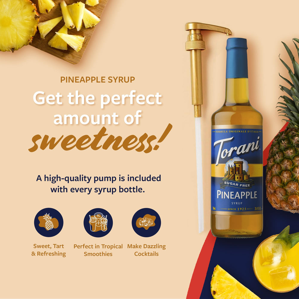 Close-up of Torani pineapple syrup bottle highlighting label and pump.