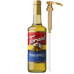Torani Pineapple Syrup bottle with pump for precise tropical flavoring in drinks.