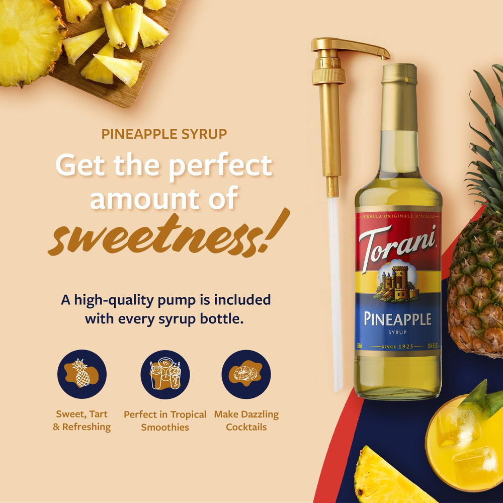 Torani Pineapple Syrup pour-spout closeup, showcasing easy controlled sweetness.
