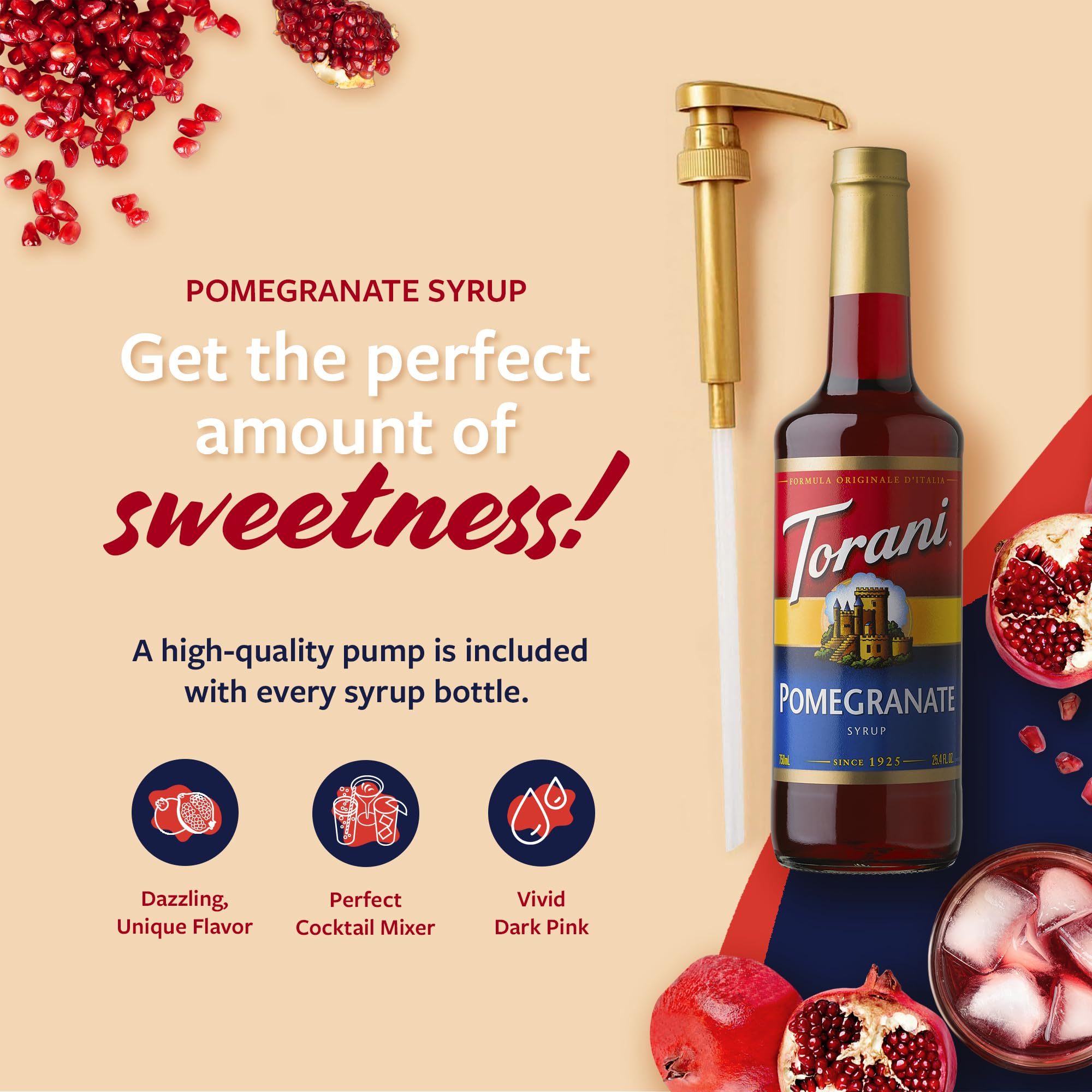 Close-up of Torani Pomegranate Syrup label showing natural flavors.