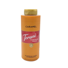 Torani Puremade Caramel Sauce glass reflects premium caramel color