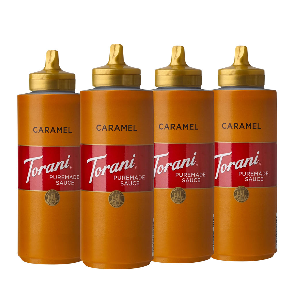 Torani Puremade Caramel Sauce jar shows creamy texture for rich desserts