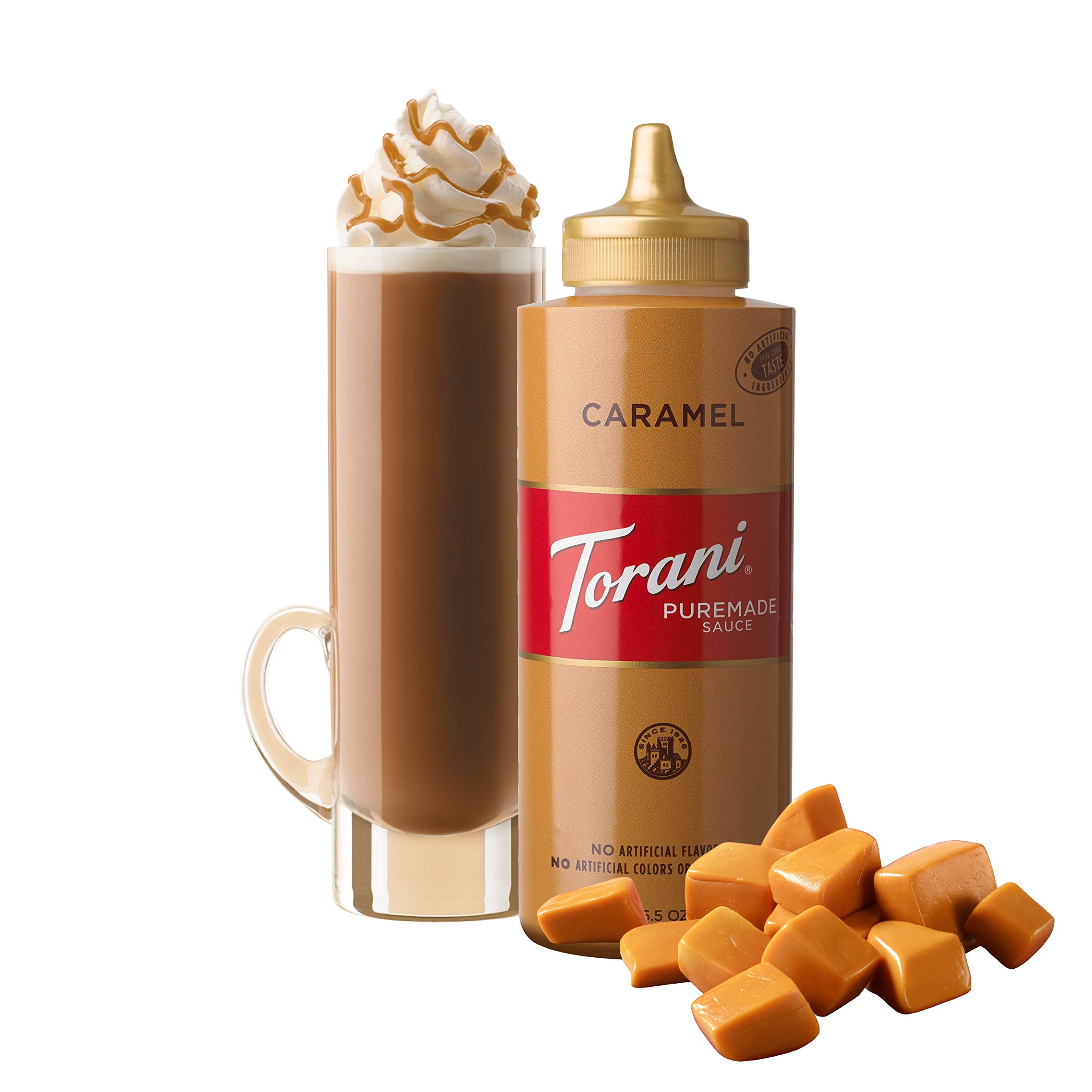 Torani Puremade Caramel Sauce label highlights no artificial colors or preservatives