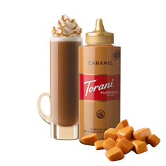 Torani Puremade Caramel Sauce label highlights no artificial colors or preservatives