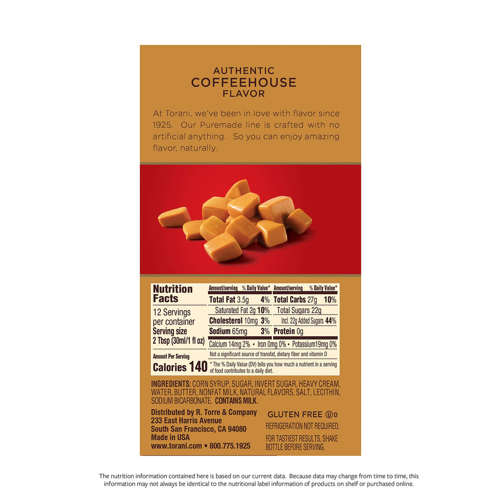 Torani Puremade Caramel Sauce pour depicts smooth drizzle for coffee toppings