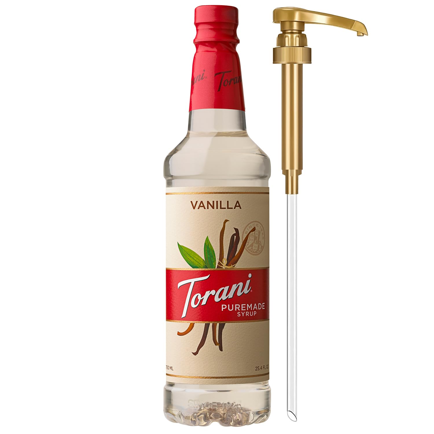 Torani Puremade Vanilla Syrup pump in use for barista-quality beverages at home