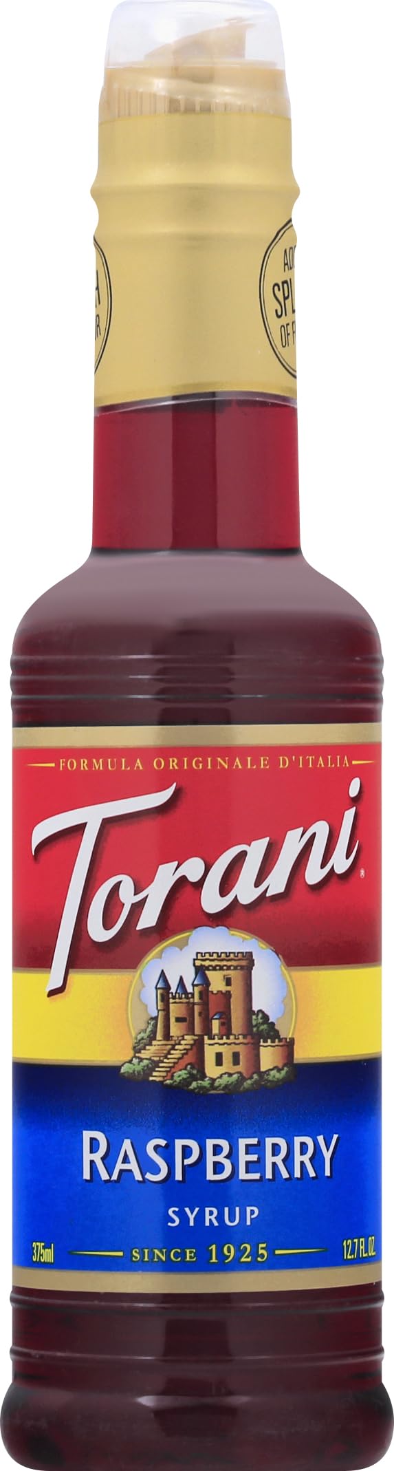 Torani Raspberry Syrup bottle with bright, natural flavor for lemonade and iced tea.