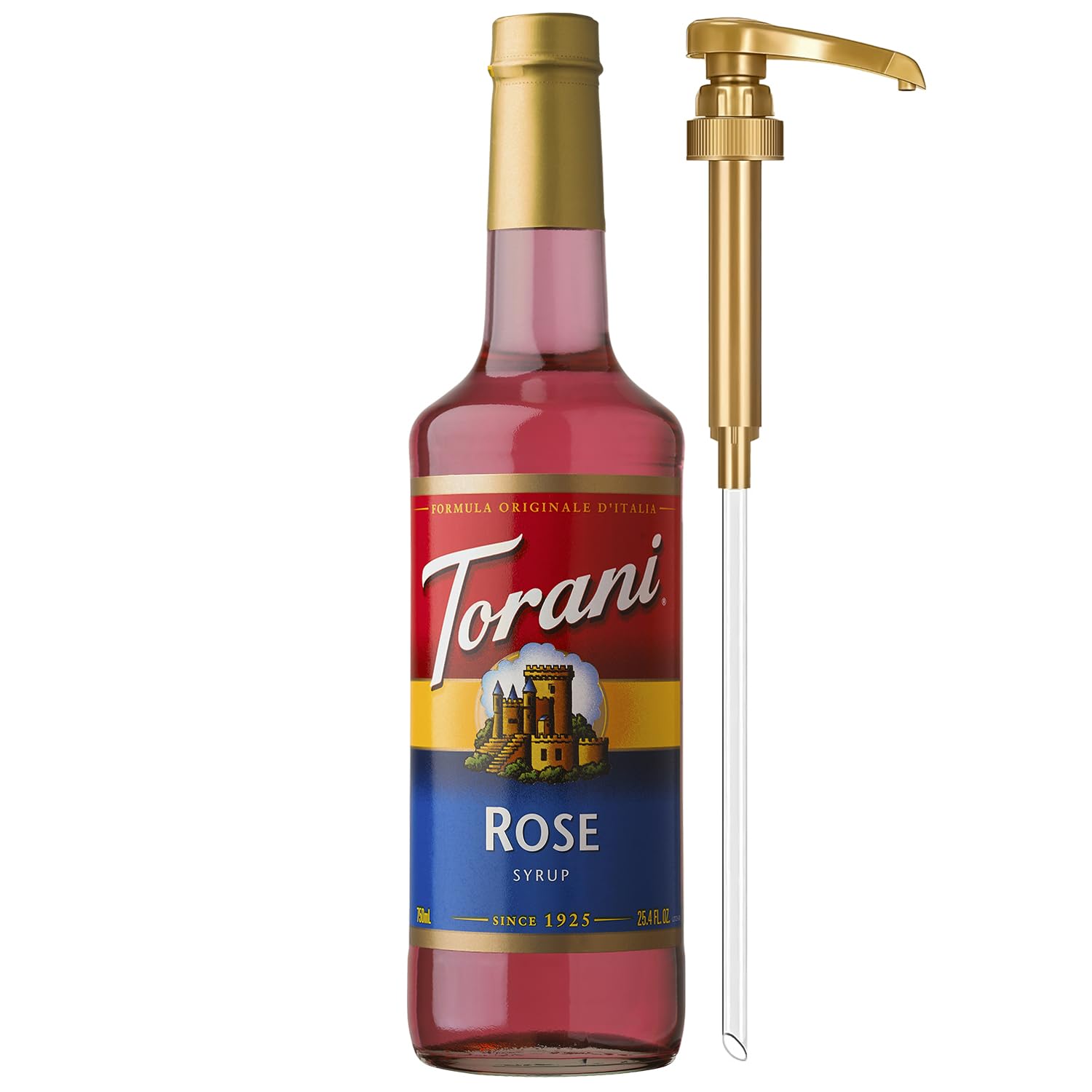 Torani Rose Syrup bottle front view for versatile drinks