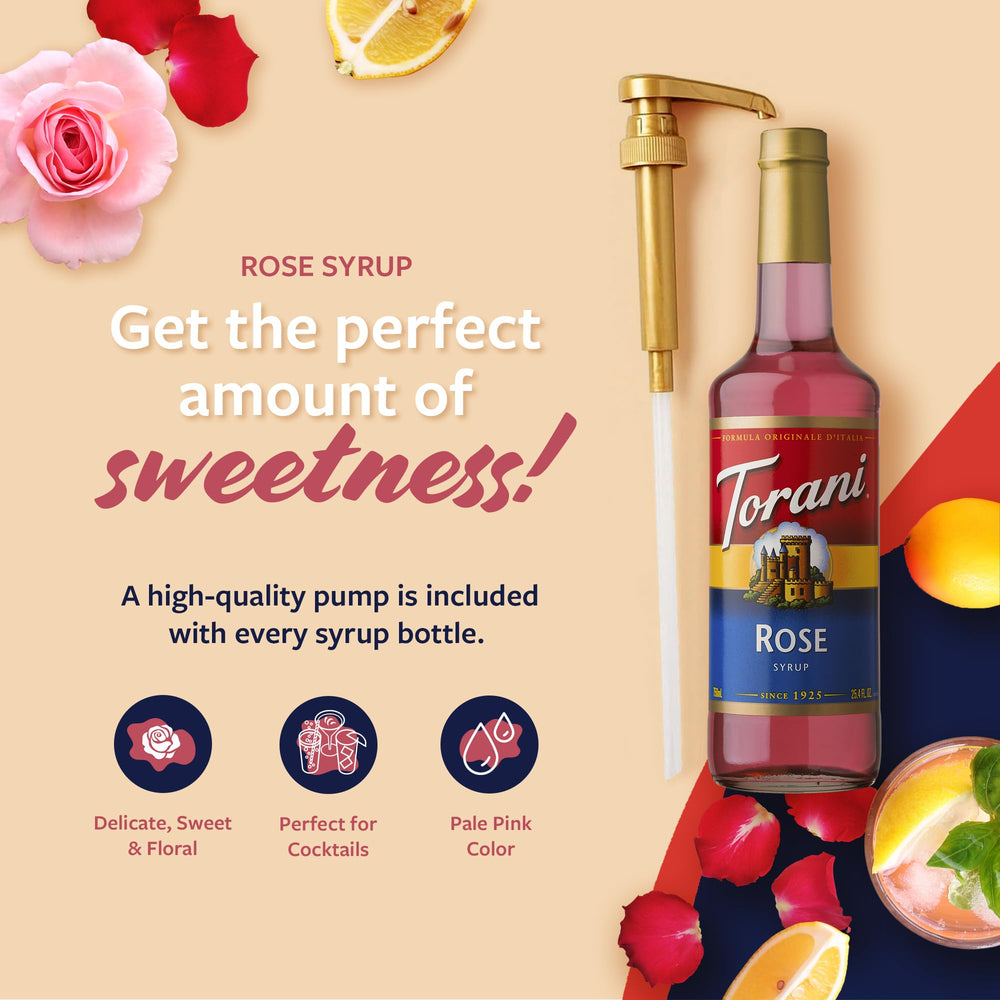Torani Rose Syrup pours into glass with bright floral aroma