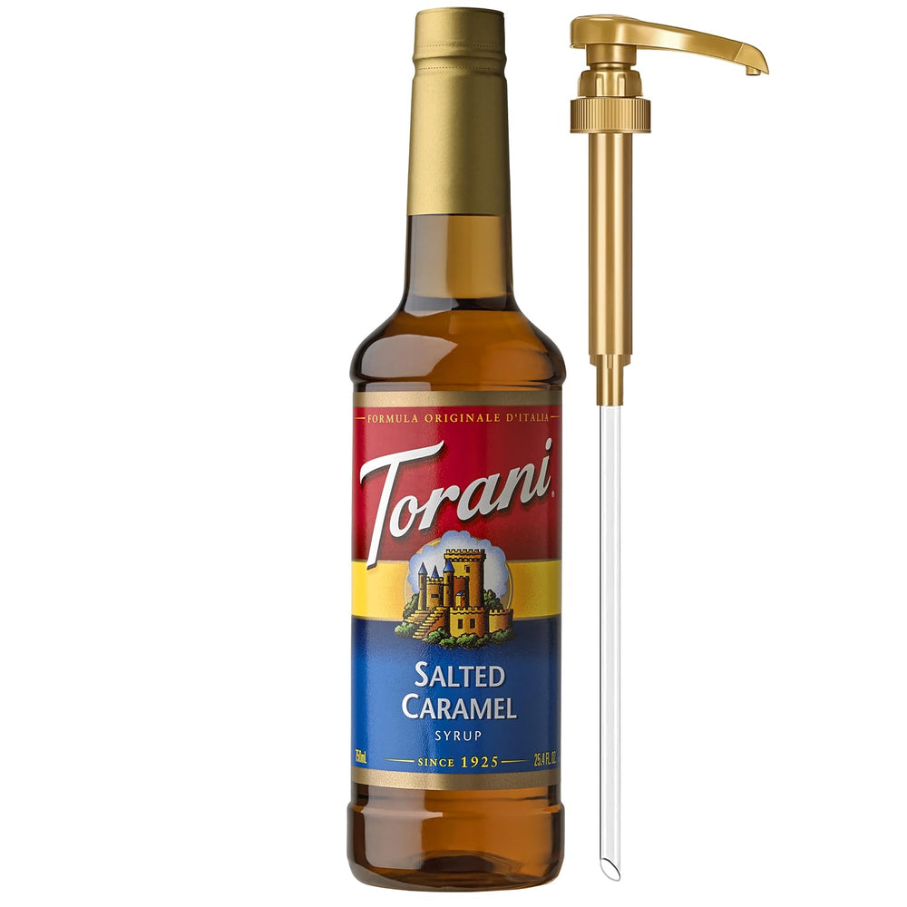 Torani Salted Caramel Syrup bottle with pump for mess-free flavoring