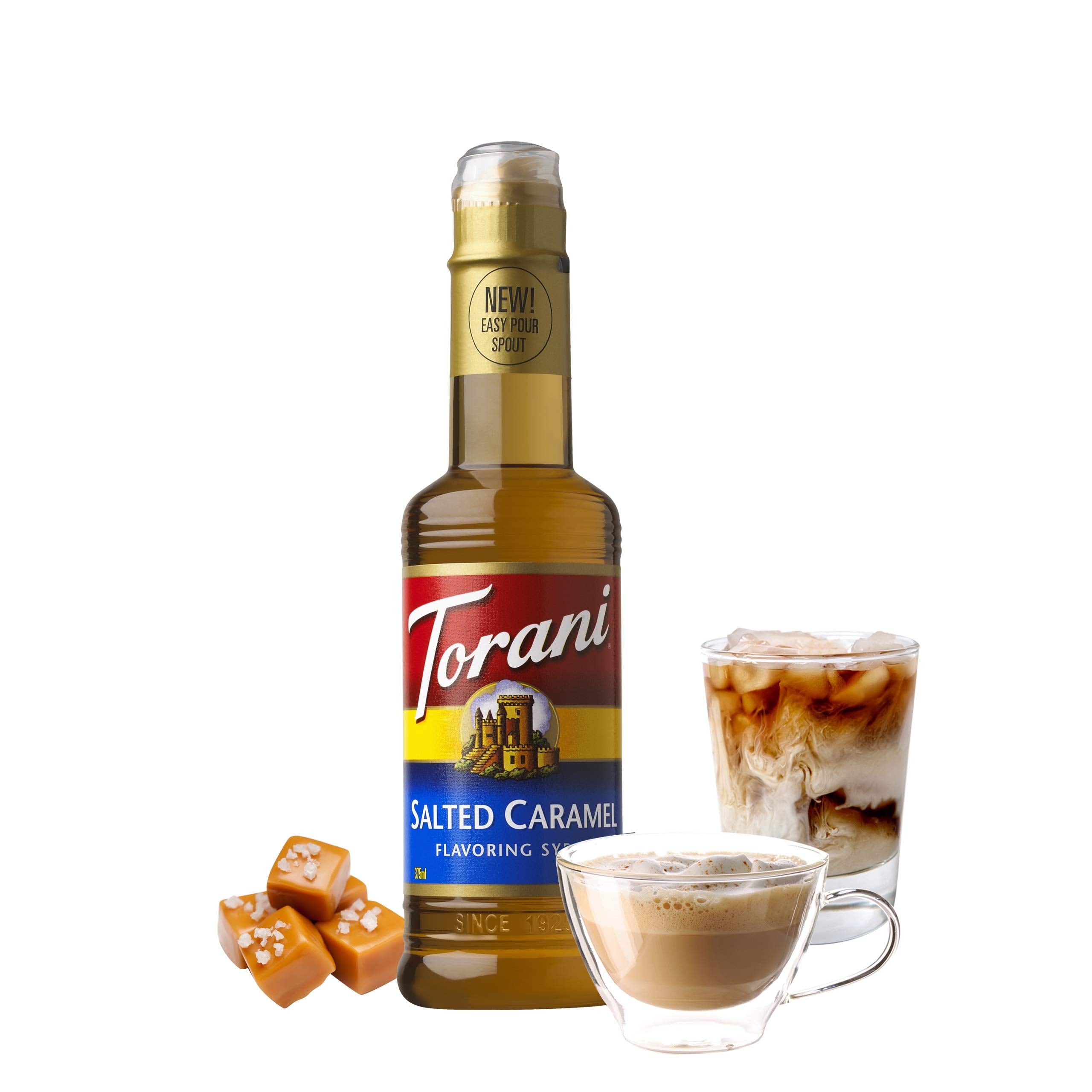 Close-up of Torani Salted Caramel label emphasizing natural flavors.