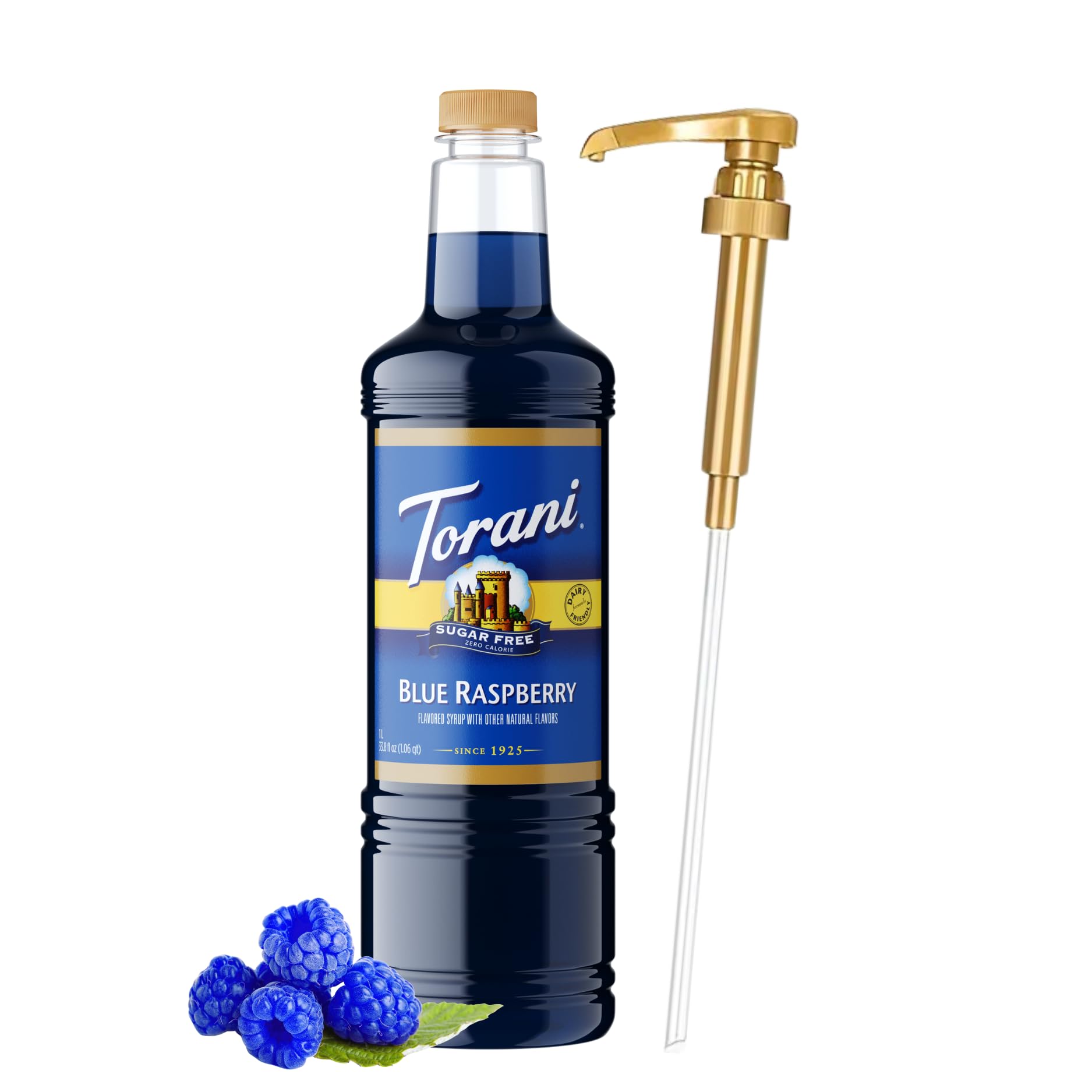 Torani sugar-free blue raspberry syrup bottle pump for mess-free café-style pours