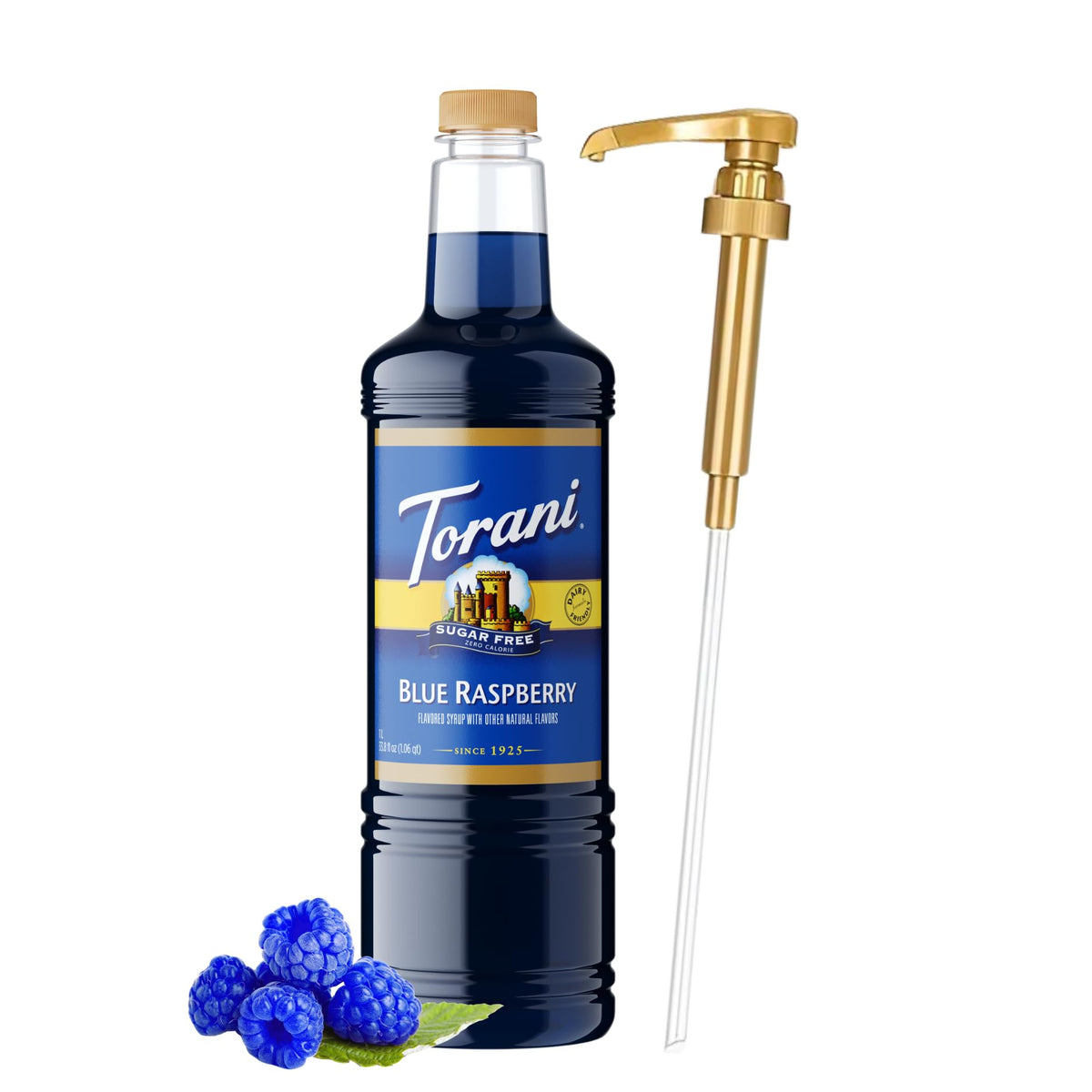 Torani sugar-free blue raspberry syrup bottle pump for mess-free café-style pours