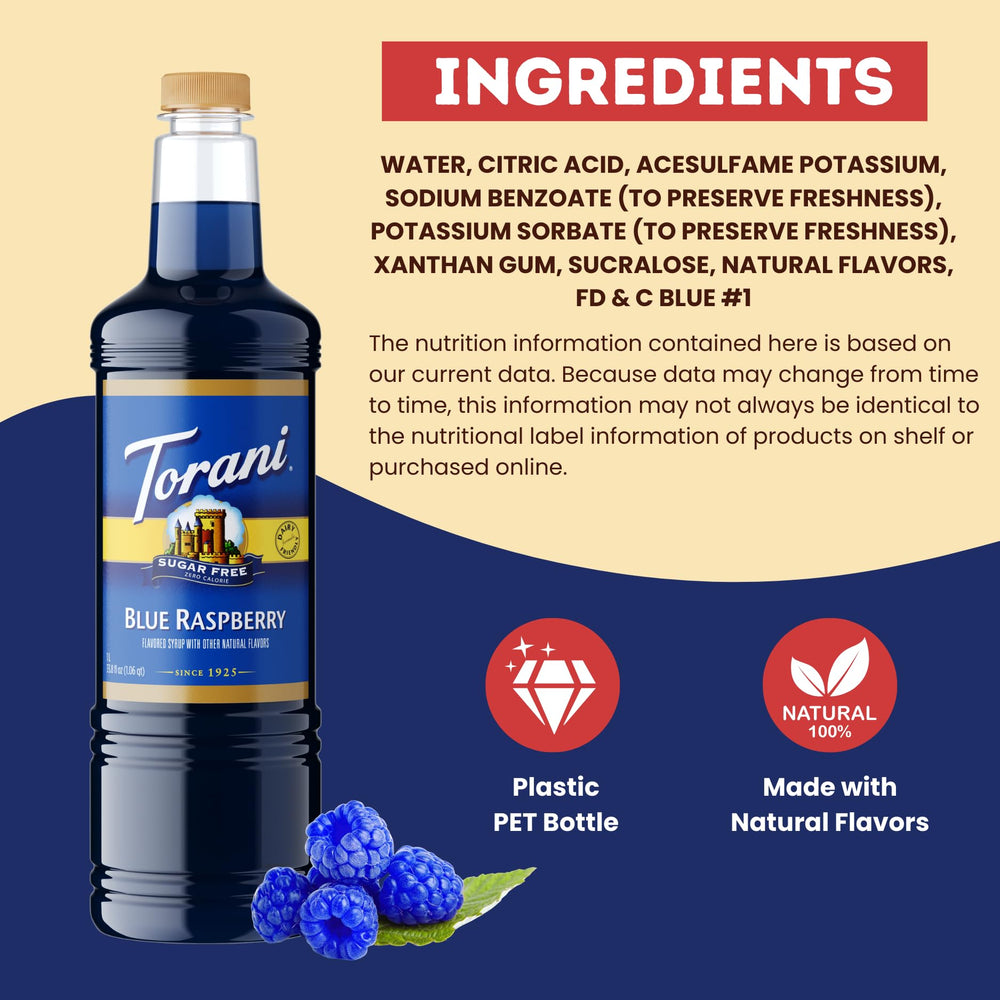 Torani sugar-free blue raspberry syrup cocktail-glass scene with bold color