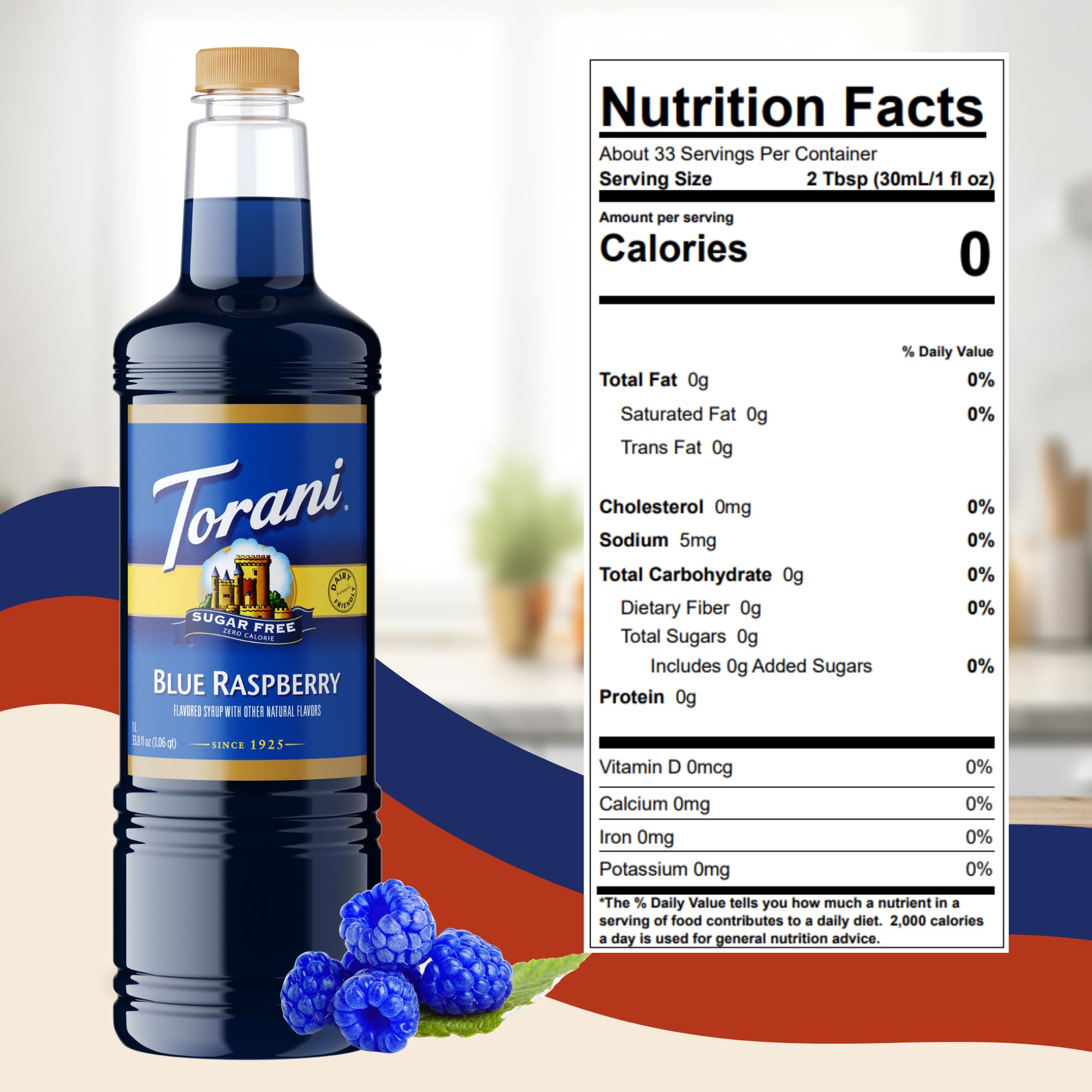 Torani sugar-free blue raspberry syrup label closeup showing branding and color