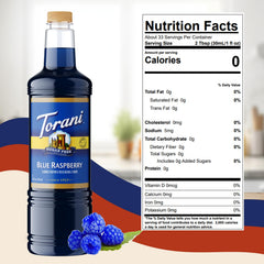 Torani sugar-free blue raspberry syrup label closeup showing branding and color