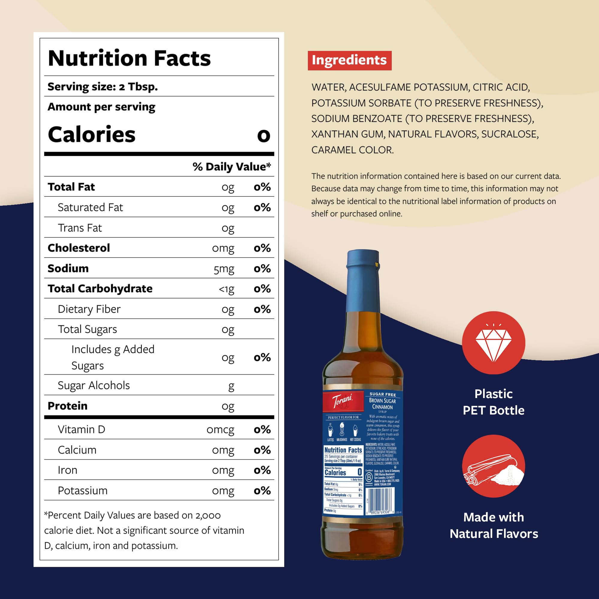 Torani Sugar Free Brown Sugar Cinnamon syrup bottle shows zero calories on the label.