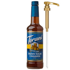 Torani Sugar Free Brown Sugar Cinnamon syrup bottle with pump for mess-free sweetening.