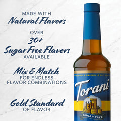 Torani Sugar Free Caramel bottle adds a rich note to coffee and desserts