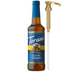 Torani Sugar-Free Classic Caramel Syrup bottle with pump for easy, mess-free sweetening