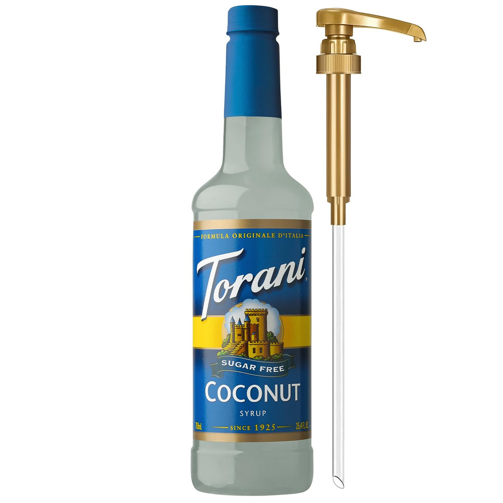 Torani Sugar Free Coconut Syrup bottle with zero-calorie coconut flavor for everyday coffee.