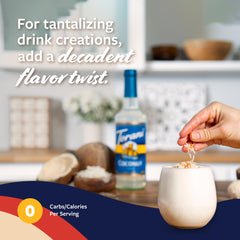 Torani Sugar Free Coconut Syrup latte close-up highlights creamy coconut aroma.