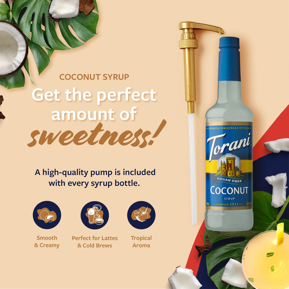 Torani Sugar Free Coconut Syrup pump shown for mess-free sweetness in lattes.