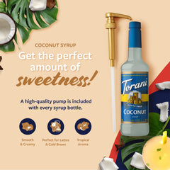 Torani Sugar Free Coconut Syrup pump shown for mess-free sweetness in lattes.