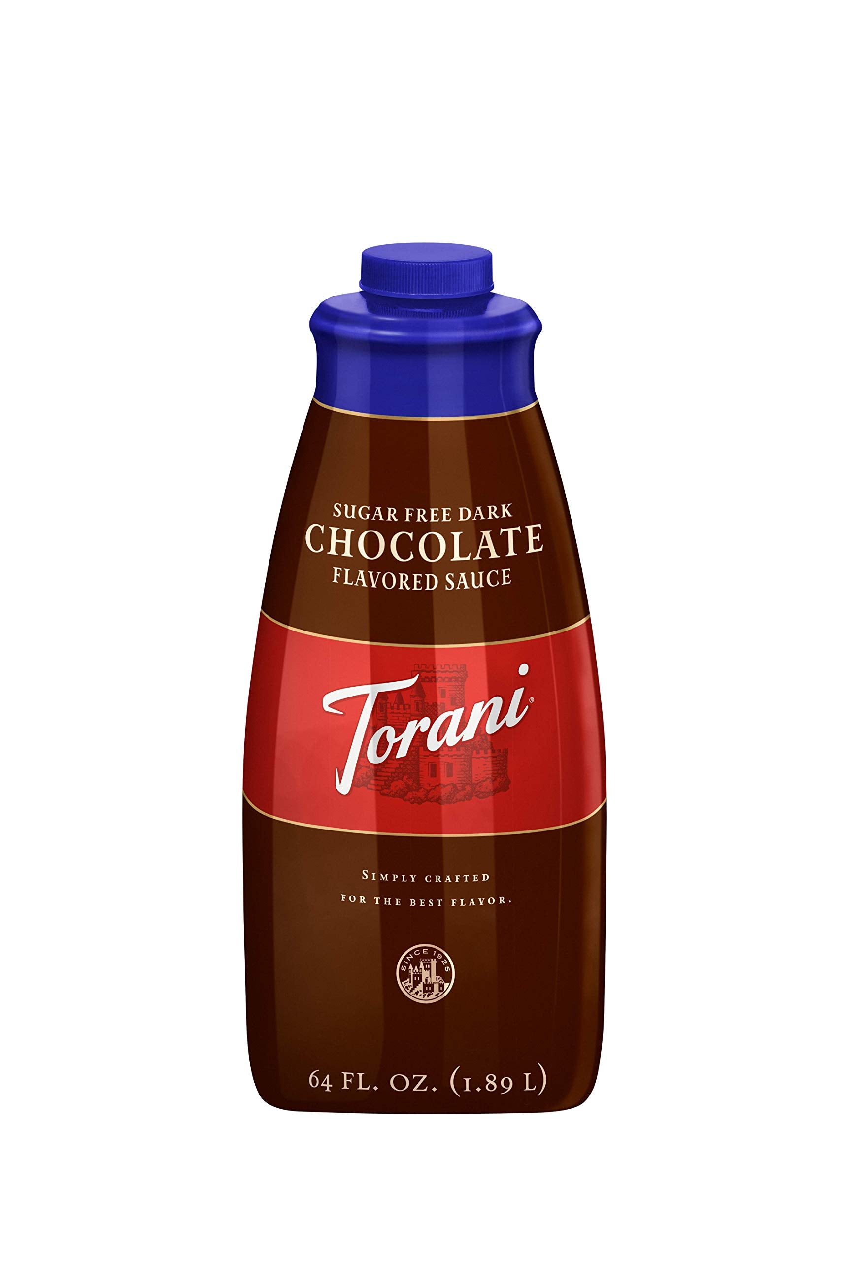 Torani Sugar-Free Dark Chocolate Sauce bottle showing rich flavor for desserts