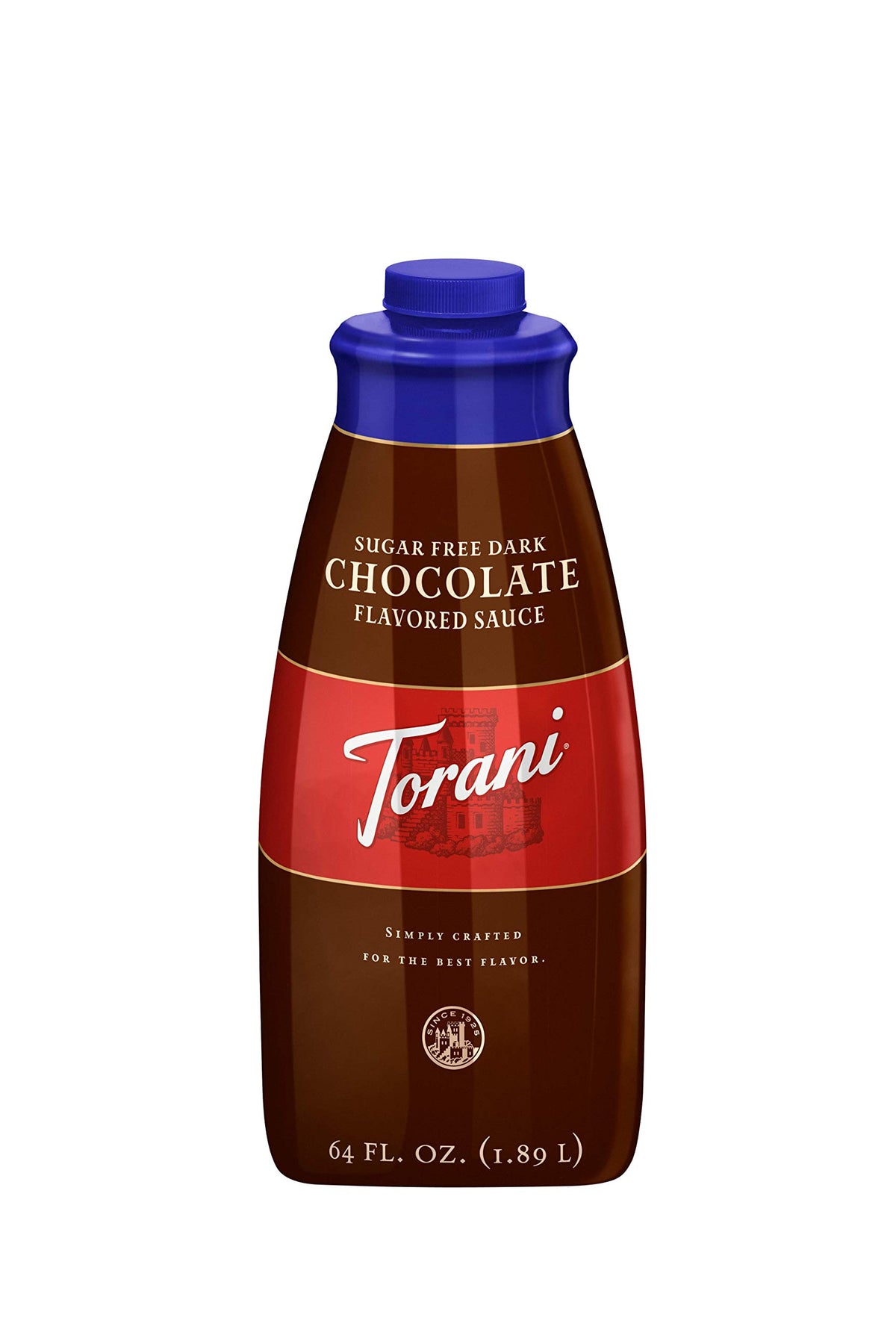 Torani Sugar-Free Dark Chocolate Sauce bottle showing rich flavor for desserts