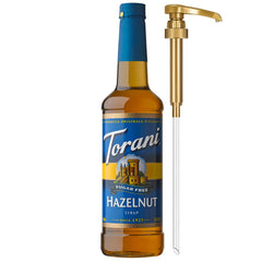 Torani Sugar-Free Hazelnut Syrup bottle with pump for convenient, calorie-free sweetness.