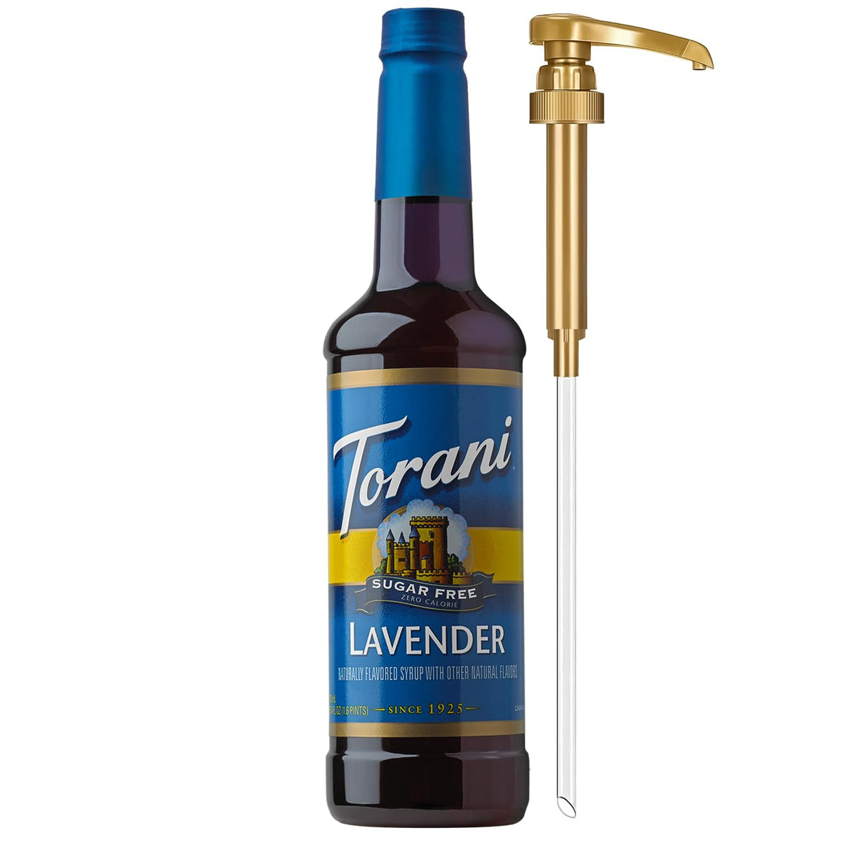 Torani Sugar Free Lavender Syrup bottle with pump for mess-free sweetening.