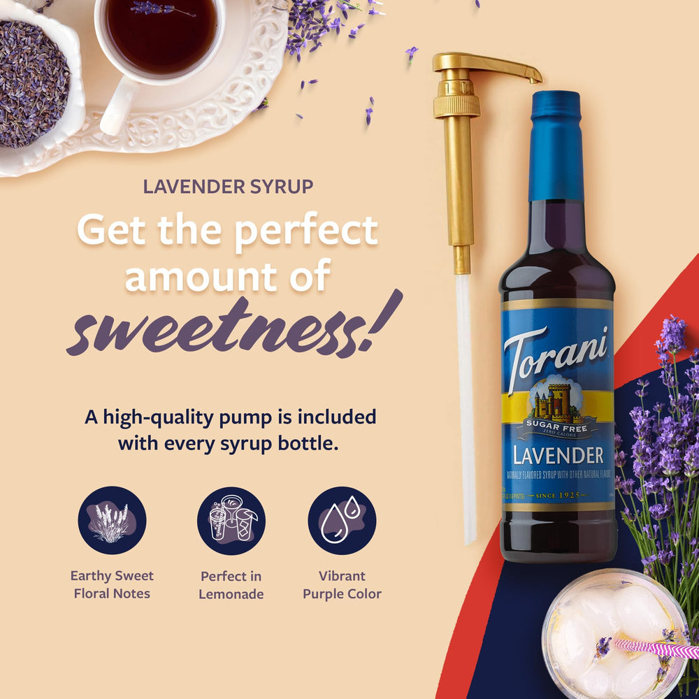 Torani Sugar Free Lavender Syrup bottle used in a cocktail for creativity.