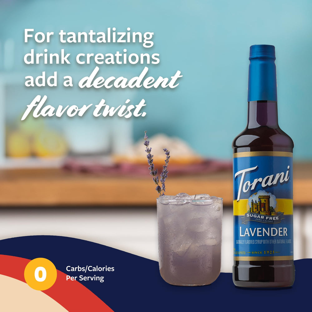 Torani Sugar Free Lavender Syrup enhancing tea and soda flavors.
