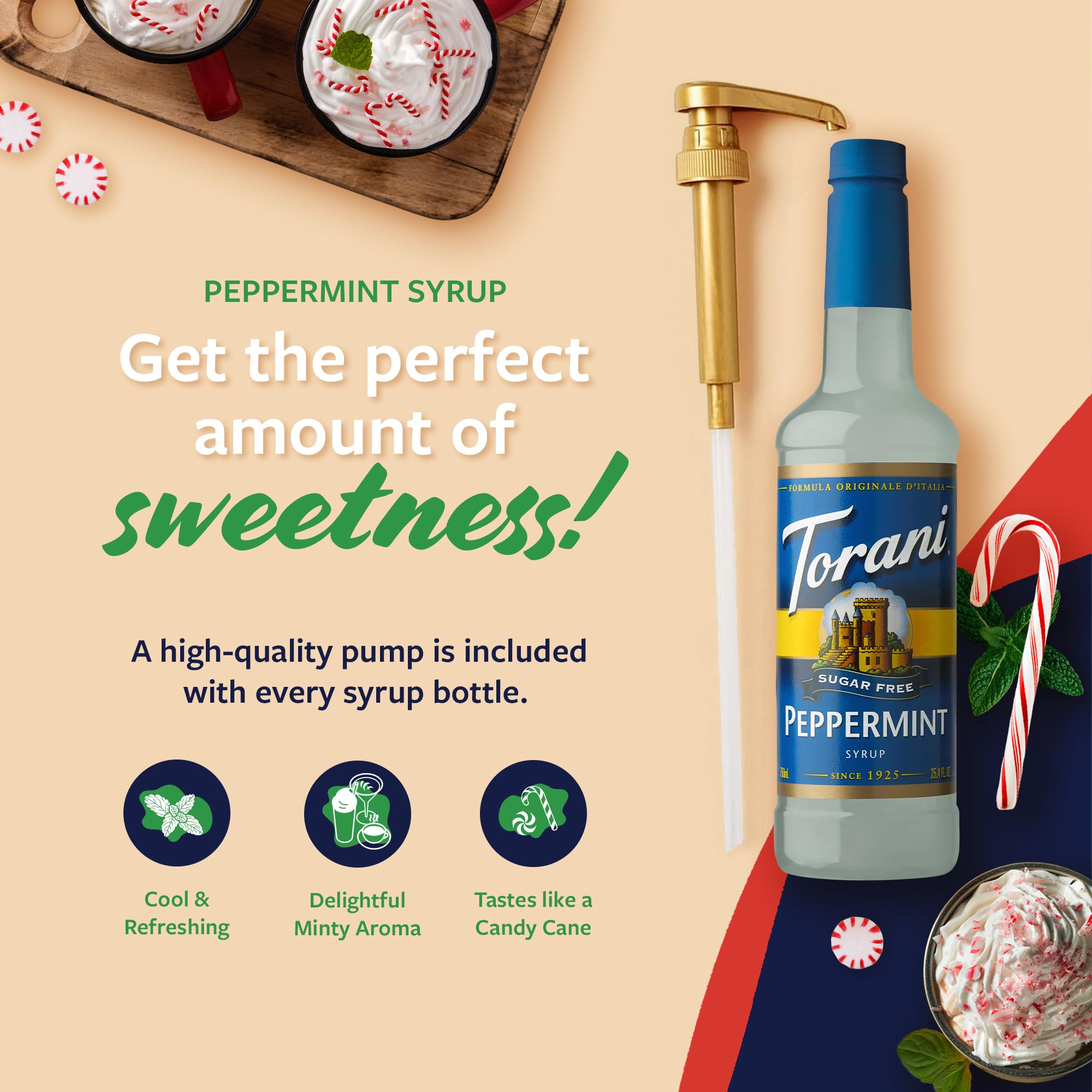 Pouring Torani Sugar Free Peppermint Syrup into a coffee latte.