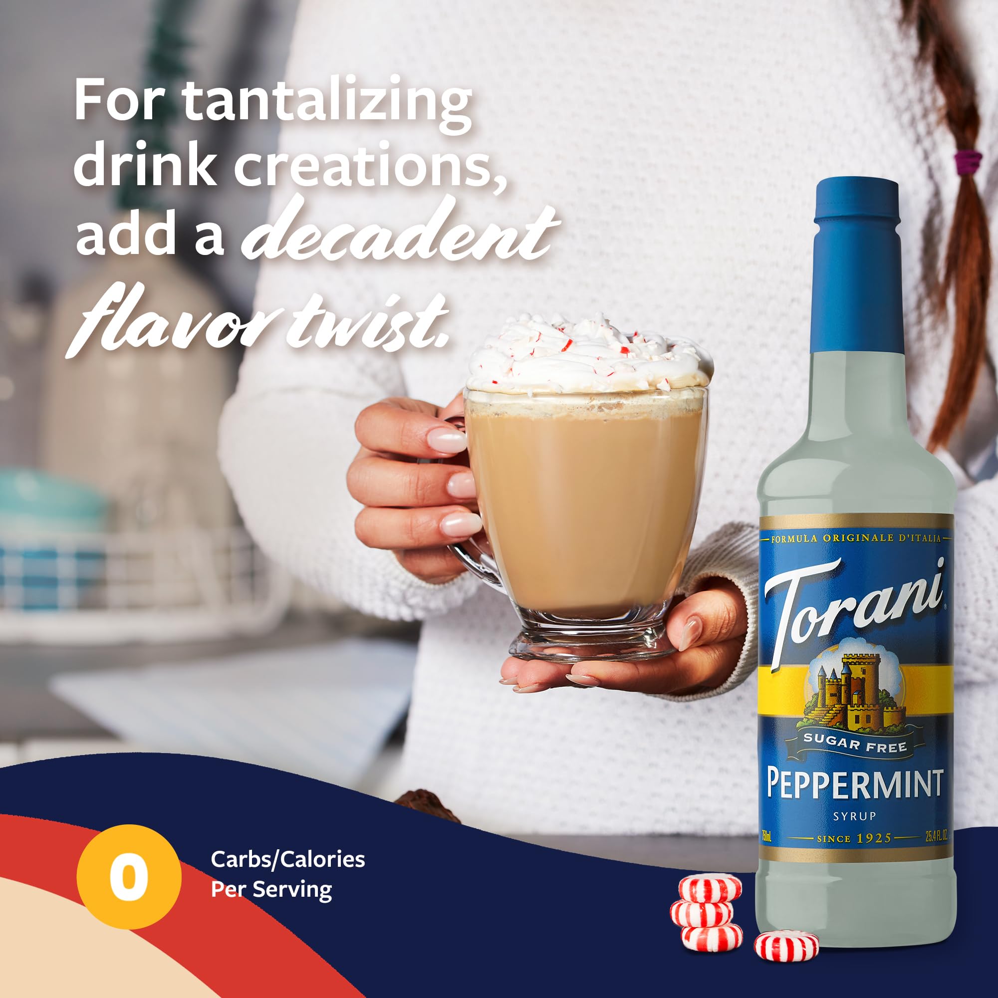 Torani Sugar Free Peppermint Syrup bottle on a cold brew setup.