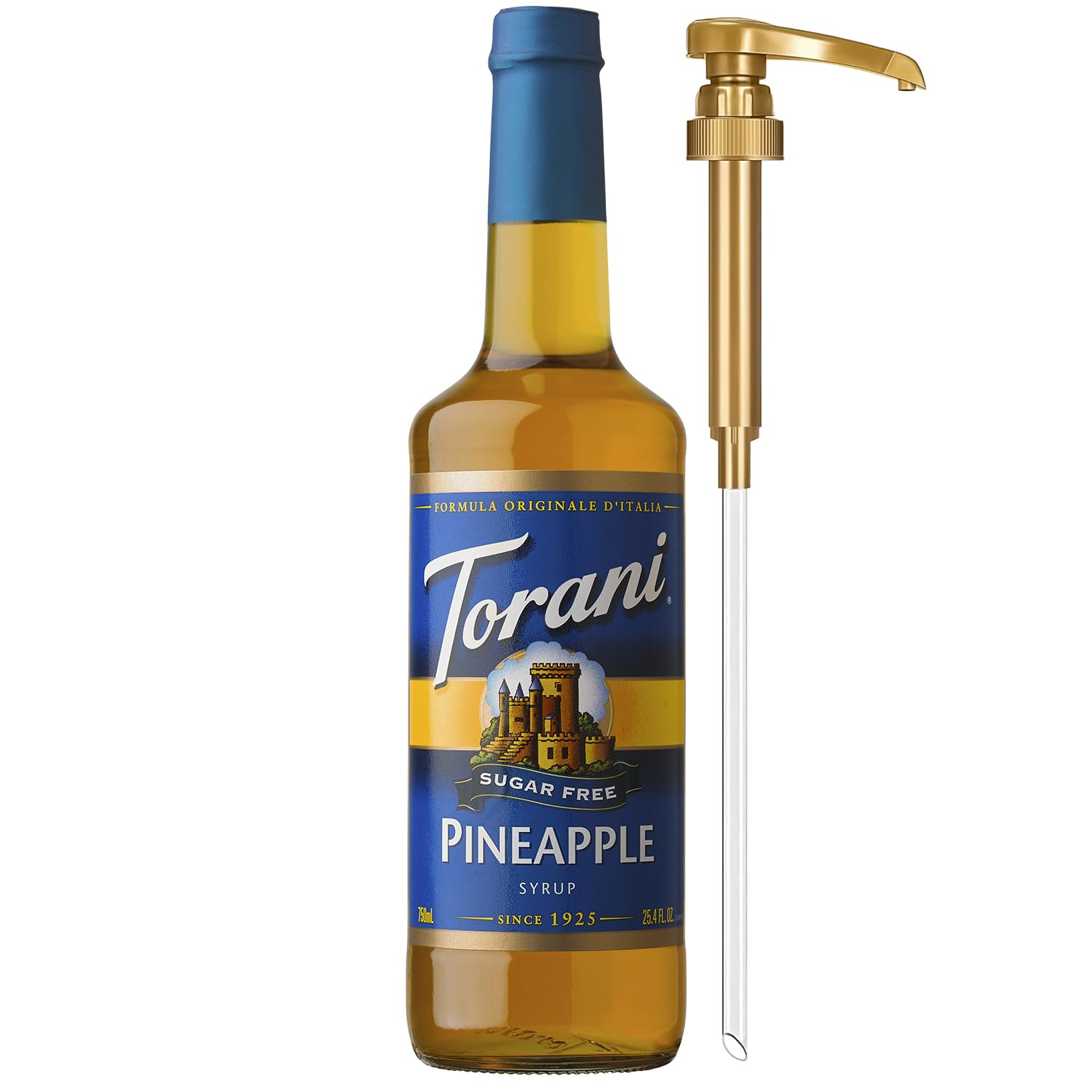 Torani sugar-free pineapple syrup bottle with pump for easy, mess-free flavoring.