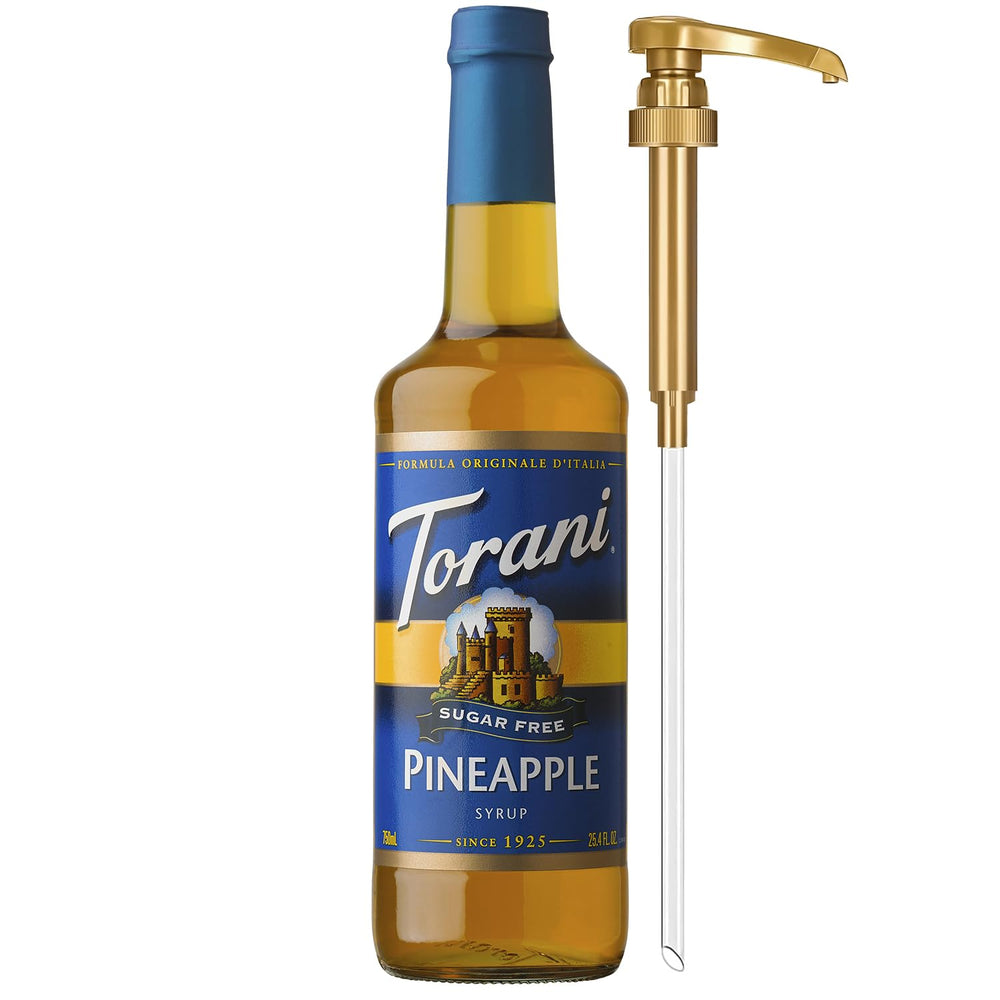 Torani sugar-free pineapple syrup bottle with pump for easy, mess-free flavoring.