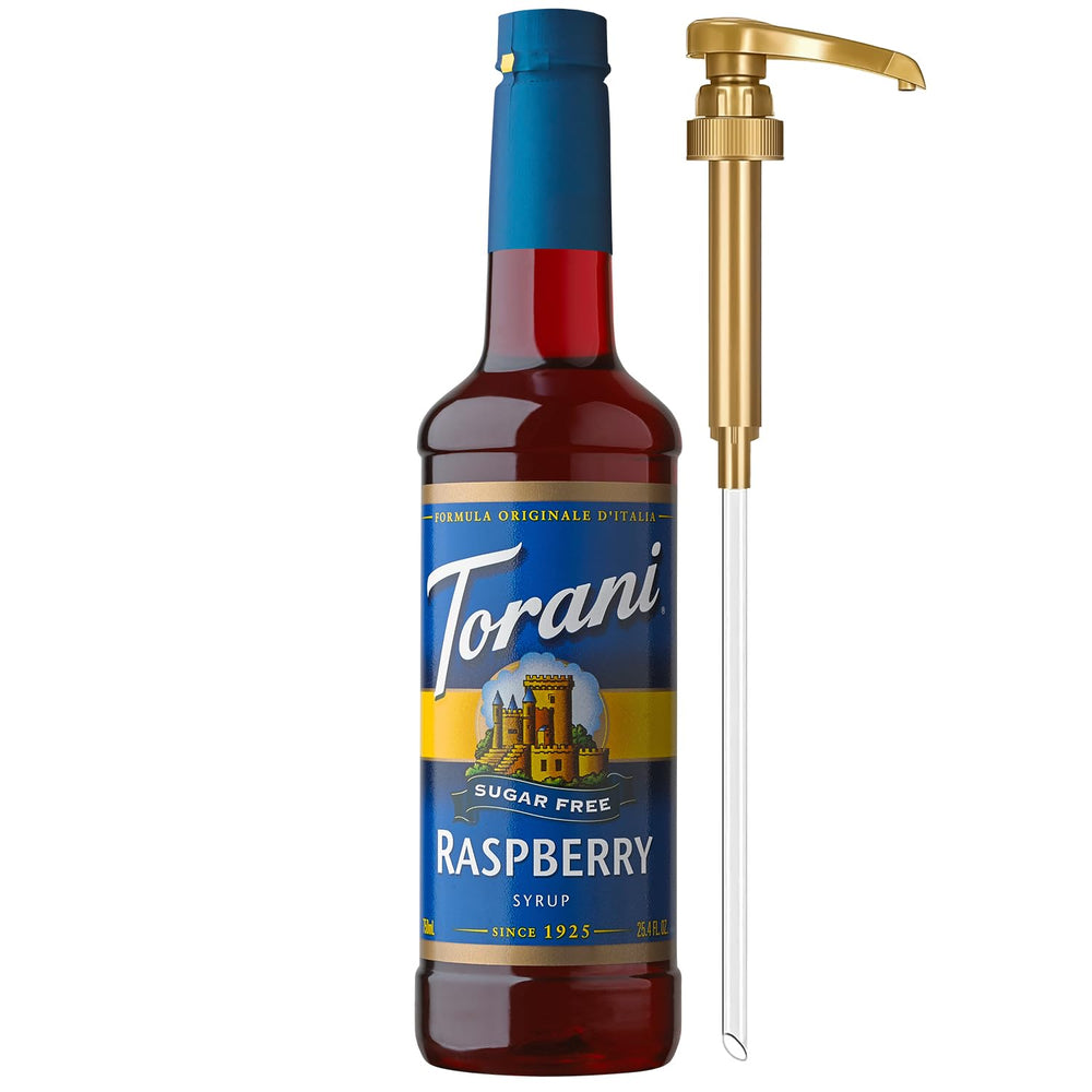 Torani Sugar Free Raspberry bottle pour for zero calorie flavoring in coffee