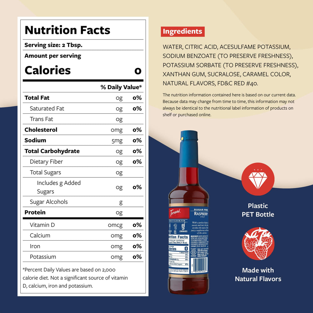Torani Sugar Free Raspberry label close-up showing zero calories and keto-friendly option