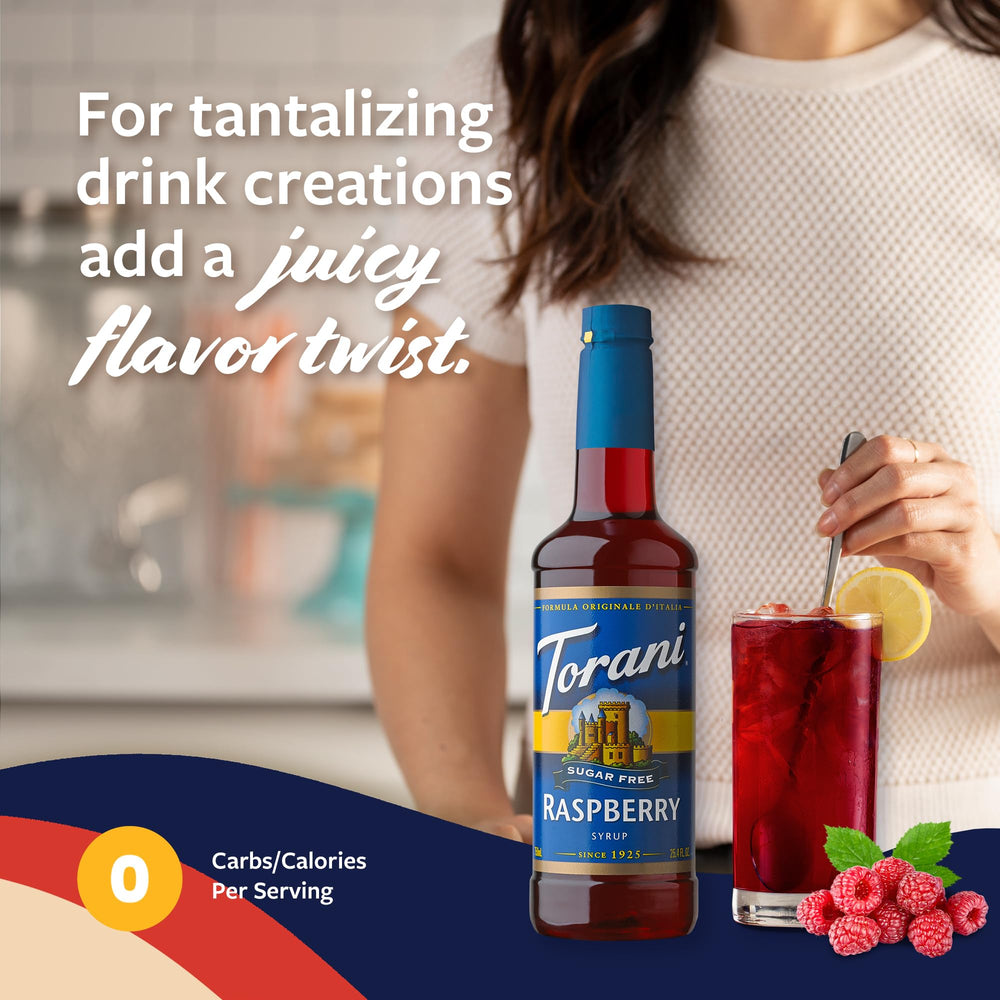 Pump action on Torani Sugar Free Raspberry bottle enables mess-free sweetening