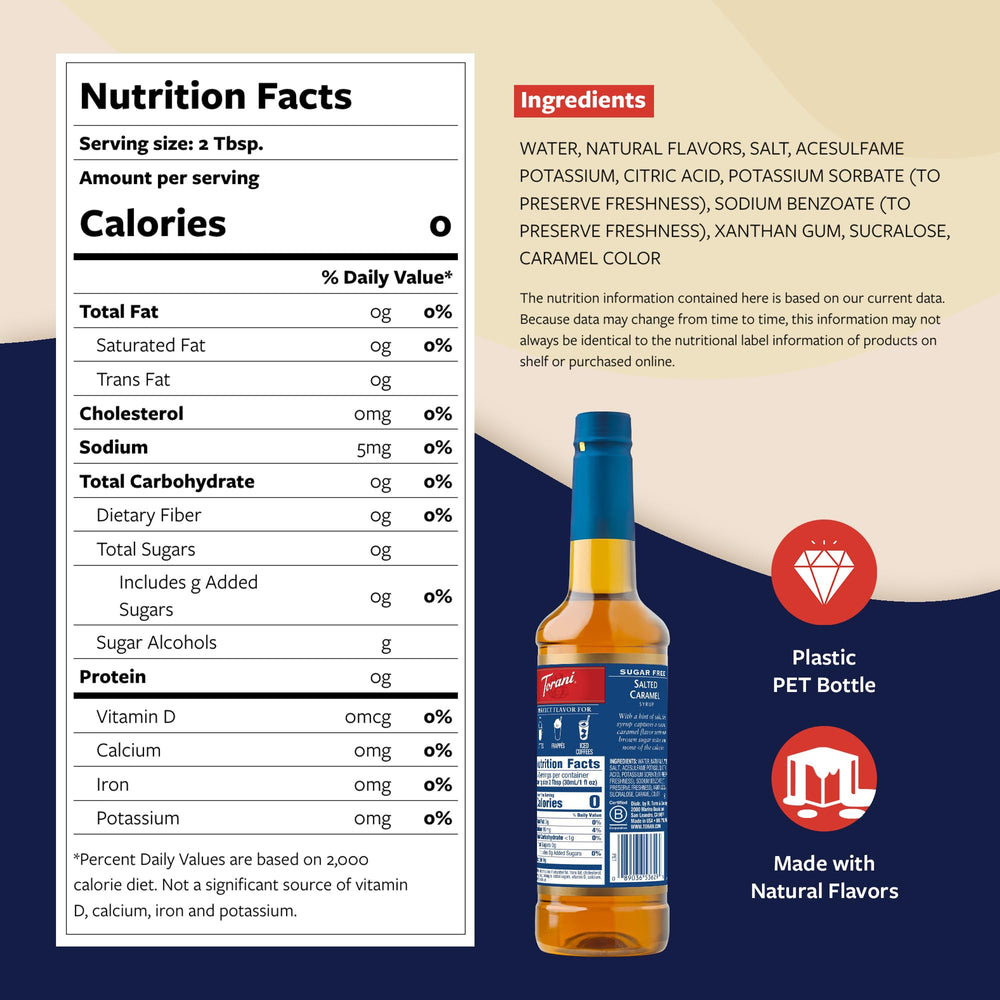 Torani Sugar Free Salted Caramel bottle front showing keto-friendly flavor