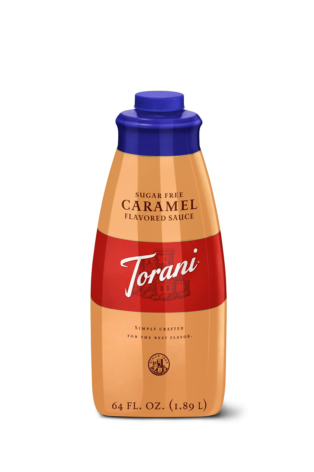 Torani Sugar Free Caramel bottle showing rich flavor and lower calories