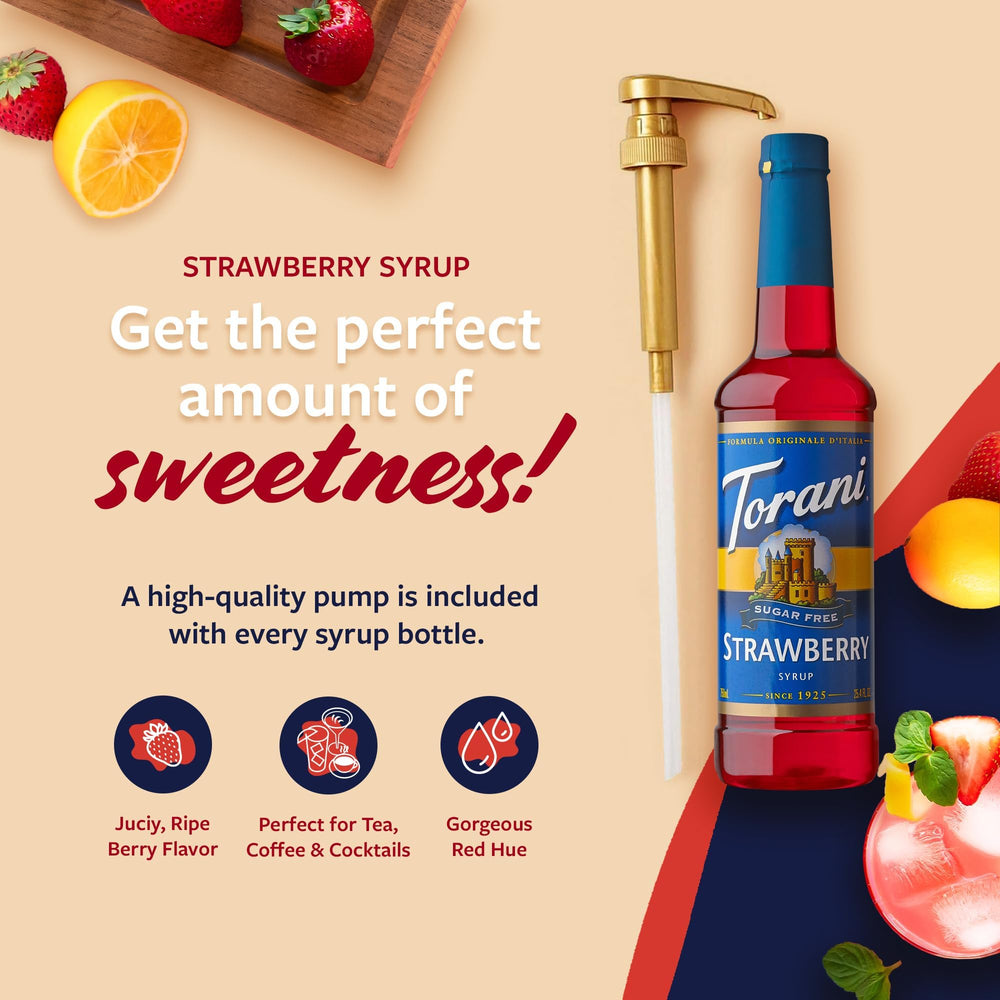 Torani Sugar Free Strawberry Syrup label highlights zero-calorie flavor.