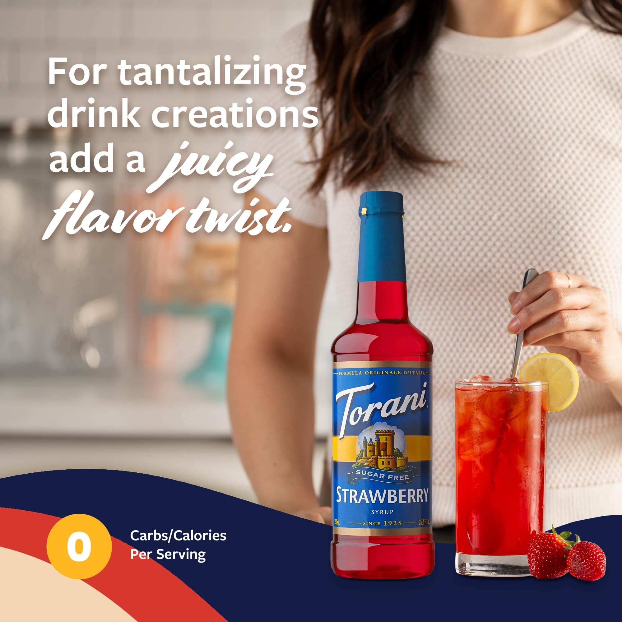 Torani Sugar Free Strawberry Syrup poured into a glass for refreshing drinks.