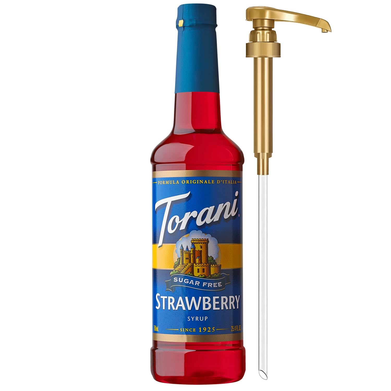 Torani Sugar Free Strawberry Syrup with pump for easy, mess-free flavoring.
