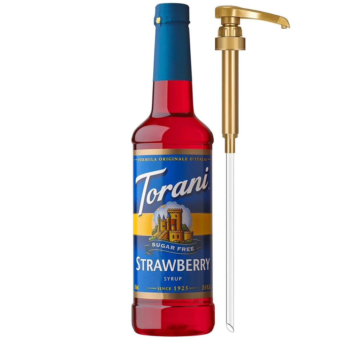Torani Sugar Free Strawberry Syrup with pump for easy, mess-free flavoring.