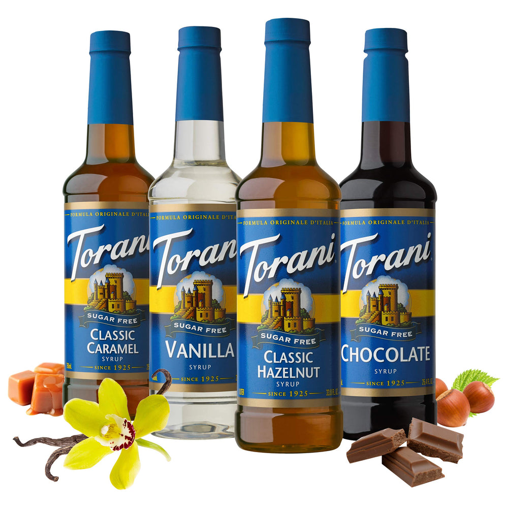 Torani Sugar Free Caramel bottle elevates desserts with keto-friendly sweetness.